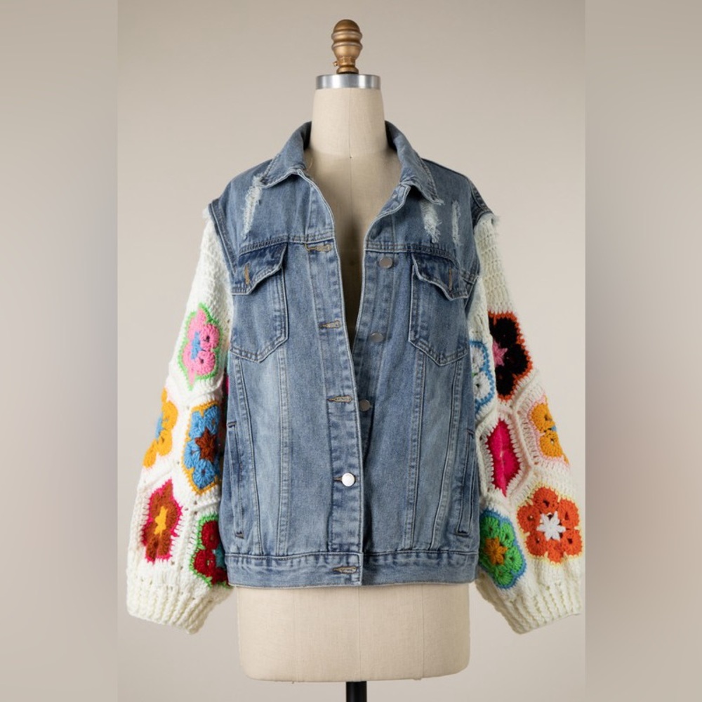 84B. Denim Floral Crochet Sleeve Jacket